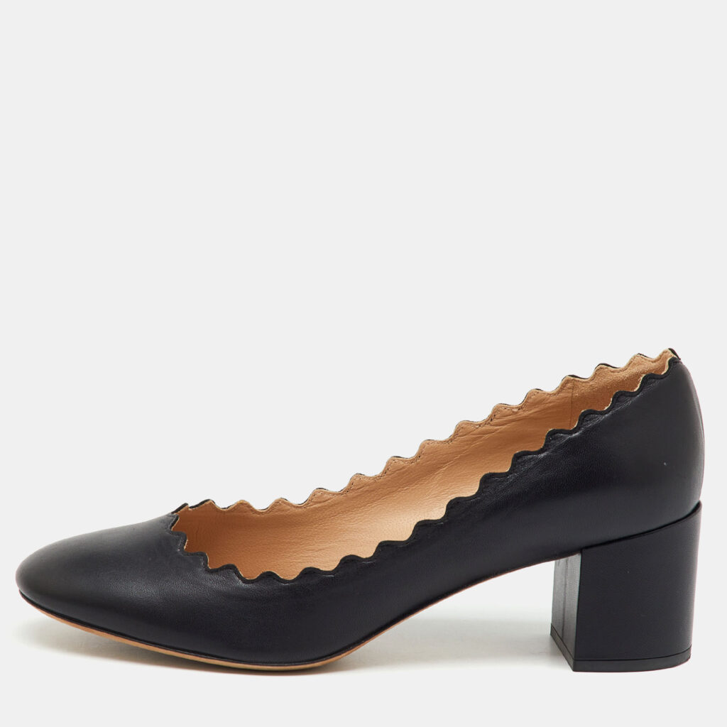Chloe Black Leather Lauren Scallop Trim Block Heel Pumps Size 36.5 Chloe Black Leather Lauren Scallop Trim Block Heel Pumps Size 36.5