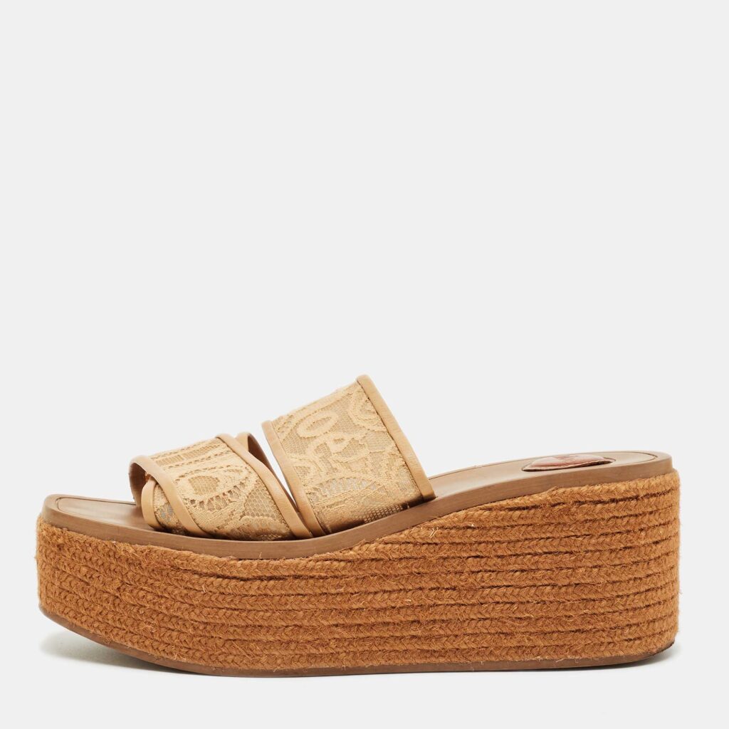 Chloe Brown Lace and Mesh Woody Platform Espadrille Sandals Size 40