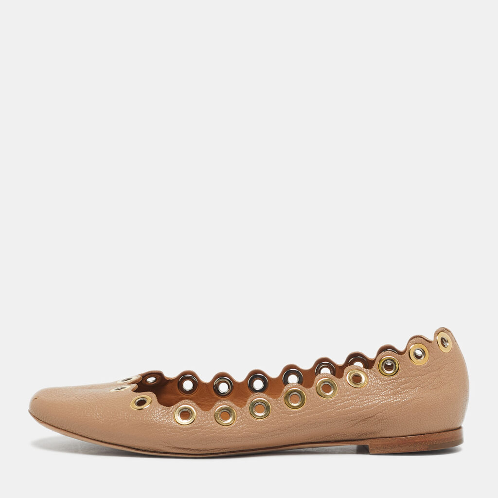 Chloe Beige Scalloped Leather Eyelet Detail Ballet Flats Size 36