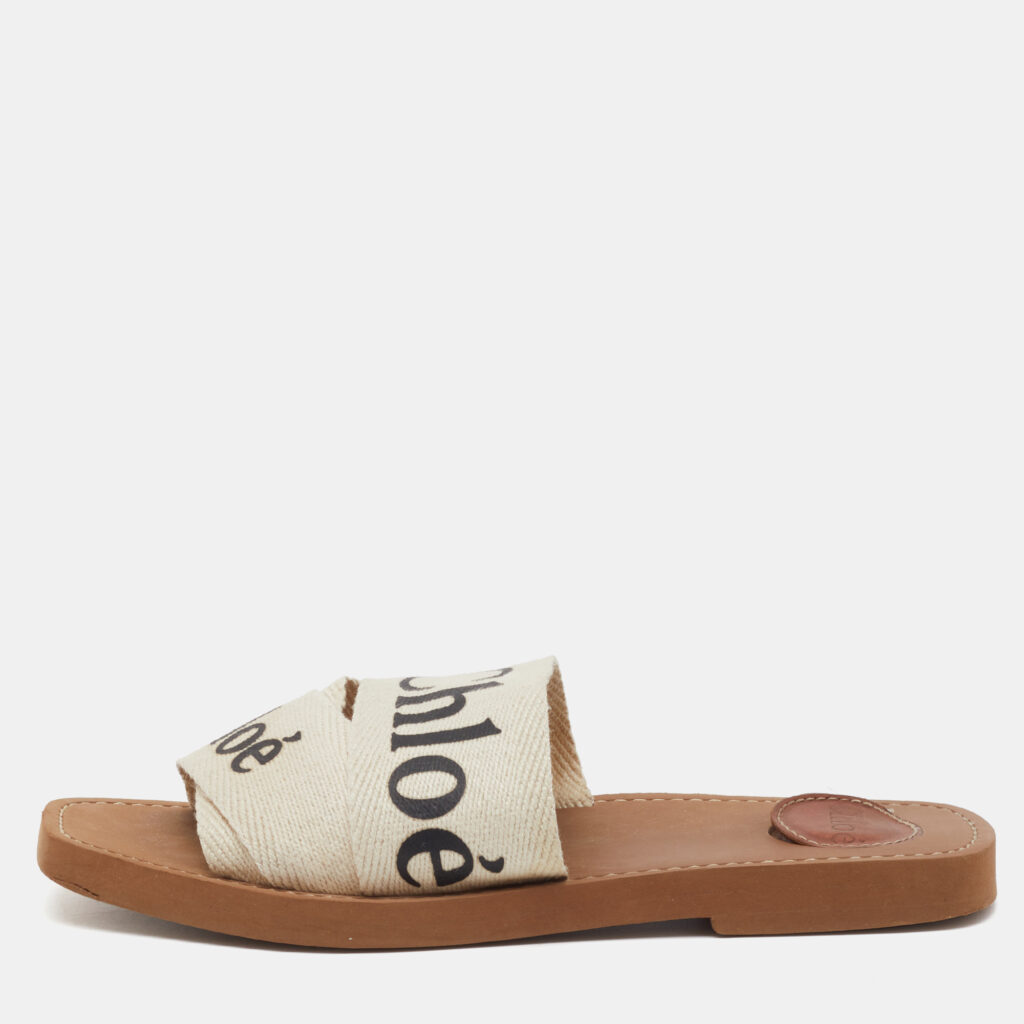 Chloé Off White Canvas Logo Ribbon Woody Flat Slide Sandals Size 38 Chloé Off White Canvas Logo Ribbon Woody Flat Slide Sandals Size 38