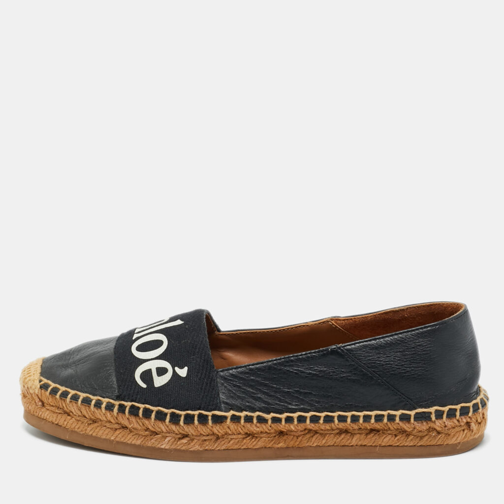 luxury-women-chloe-used-shoes-p1229027-001.jpg Chloe Black Leather and Logo Canvas Woody Espadrille Flats Size 36