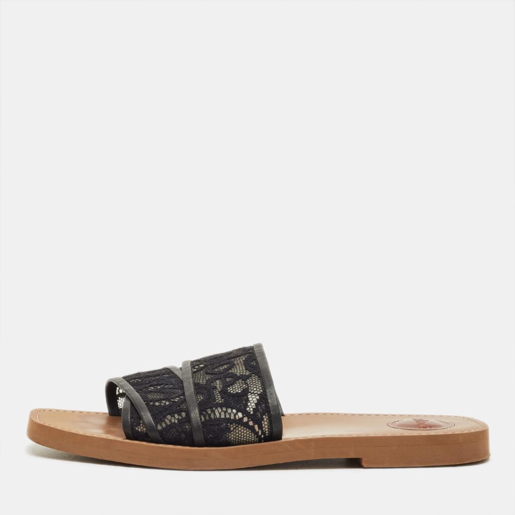 Chloe Black Lace and Leather Woody Flat Sandals Size 41