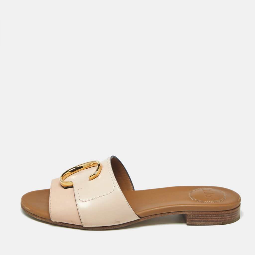 Chloe Pink/Cream Leather Flat Slides Size 35