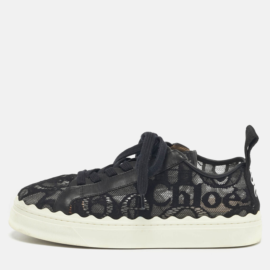 Chloe Black Lace and Leather Lauren Platform Low Top Sneakers Size 41
