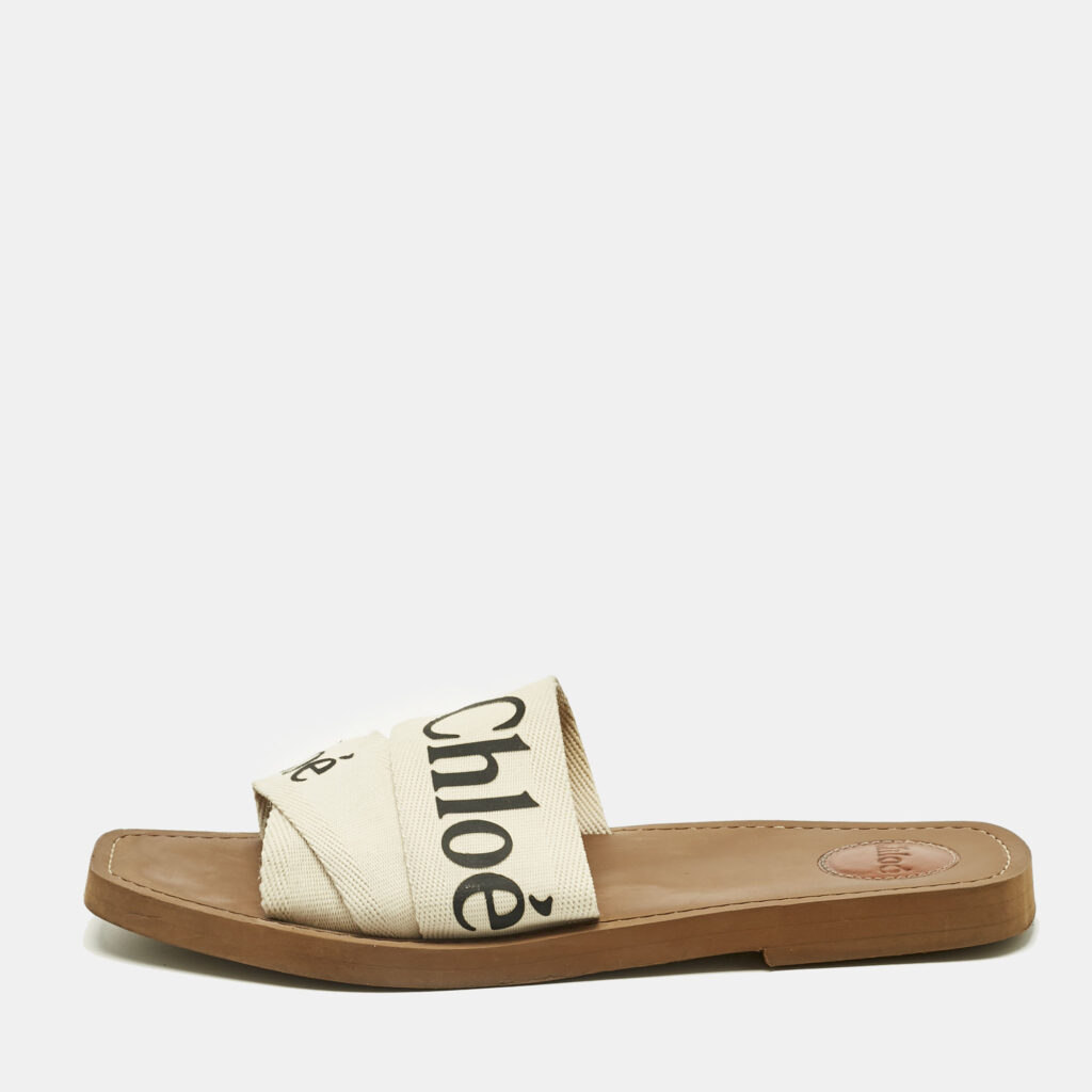 Chloe White Fabric Woody Flat Slides Size 41 Chloe White Fabric Woody Flat Slides Size 41