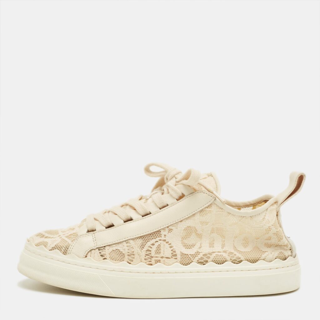 Chloe Cream Lace and Leather Lauren Lace Up Sneakers Size 39 Chloe Cream Lace and Leather Lauren Lace Up Sneakers Size 39