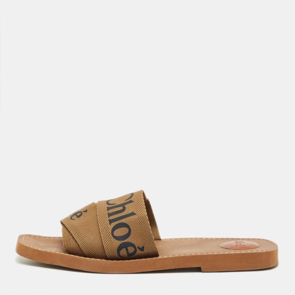 Chloe Brown Canvas Logo Ribbon Woody Flat Slide Sandals Size 41 Chloe Brown Canvas Logo Ribbon Woody Flat Slide Sandals Size 41