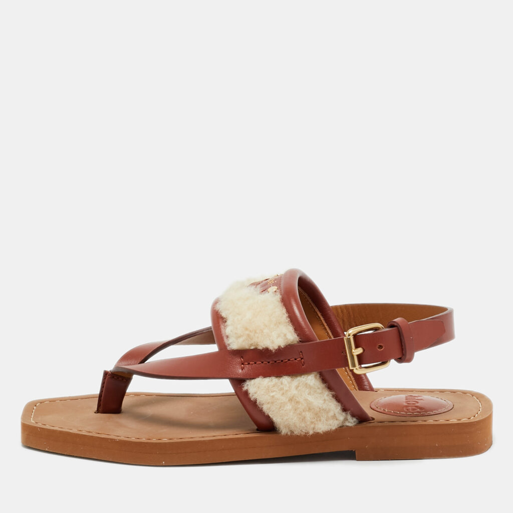 Chloé Woody Size 36 Brown/Beige Leather and Shearling Fur Thong Slingback Flat Sandals Chloé Woody Size 36 Brown/Beige Leather and Shearling Fur Thong Slingback Flat Sandals