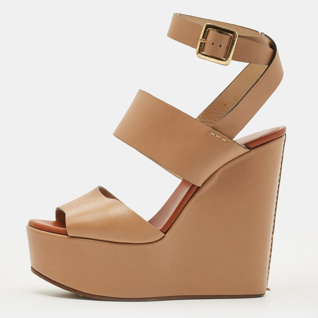 Chloe Size 38 Beige Leather Wedge Ankle Wrap Sandals Chloe Size 38 Beige Leather Wedge Ankle Wrap Sandals