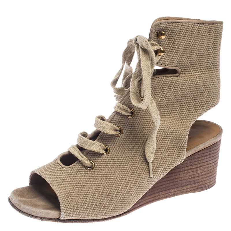 Chloe Beige Canvas Ghillie Lace Up Wedge Sandals Size 36 Chloe Beige Canvas Ghillie Lace Up Wedge Sandals Size 36