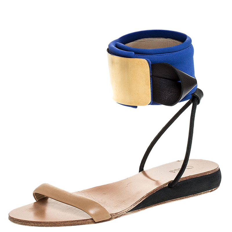 Chloe Blue/Beige Leather And Nylon Ankle Cuff Flat Sandals Size 38 Chloe Blue/Beige Leather And Nylon Ankle Cuff Flat Sandals Size 38