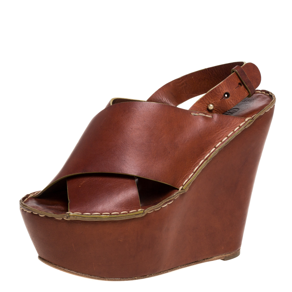 Chloe Brown Leather Criss Cross Platform Wedge Sandals Size 38 Chloe Brown Leather Criss Cross Platform Wedge Sandals Size 38
