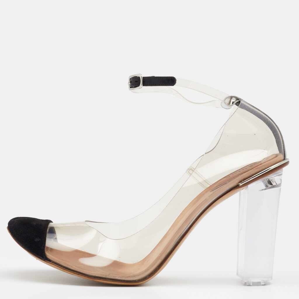 luxury-women-chloe-used-shoes-p666304-002.jpg Chloe Black/White Suede And PVC Block Heel Sandals Size 41.5