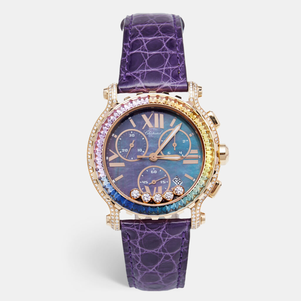 luxury-women-chopard-used-watches-p1111685-012-1.jpg Chopard Black Mother of Pearl Rainbow Baguette Sapphires Diamond 18k Rose Gold Alligator Happy Sport 283582-5017 Women's Wristwatch 42 mm