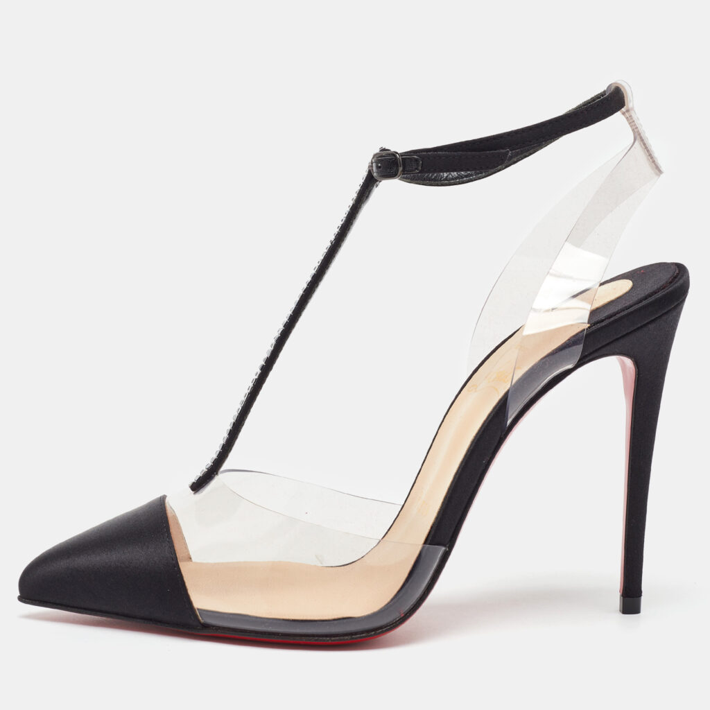 Christian Louboutin Black/Transparent Satin and PVC Nosy T-Strap Sandals Size 36