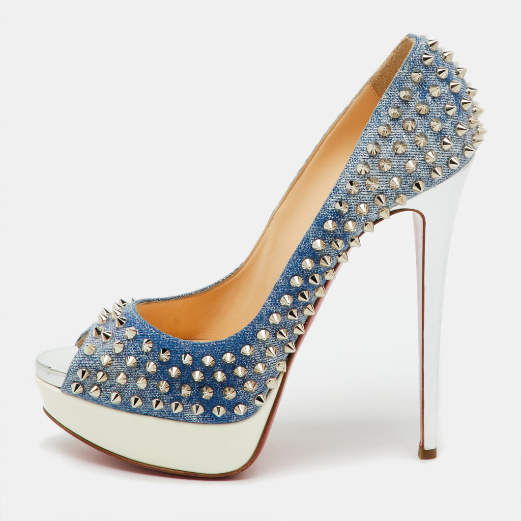 Christian Louboutin Blue/White Denim Spikes Lady Peep Platform Pumps Size 41 Christian Louboutin Blue/White Denim Spikes Lady Peep Platform Pumps Size 41