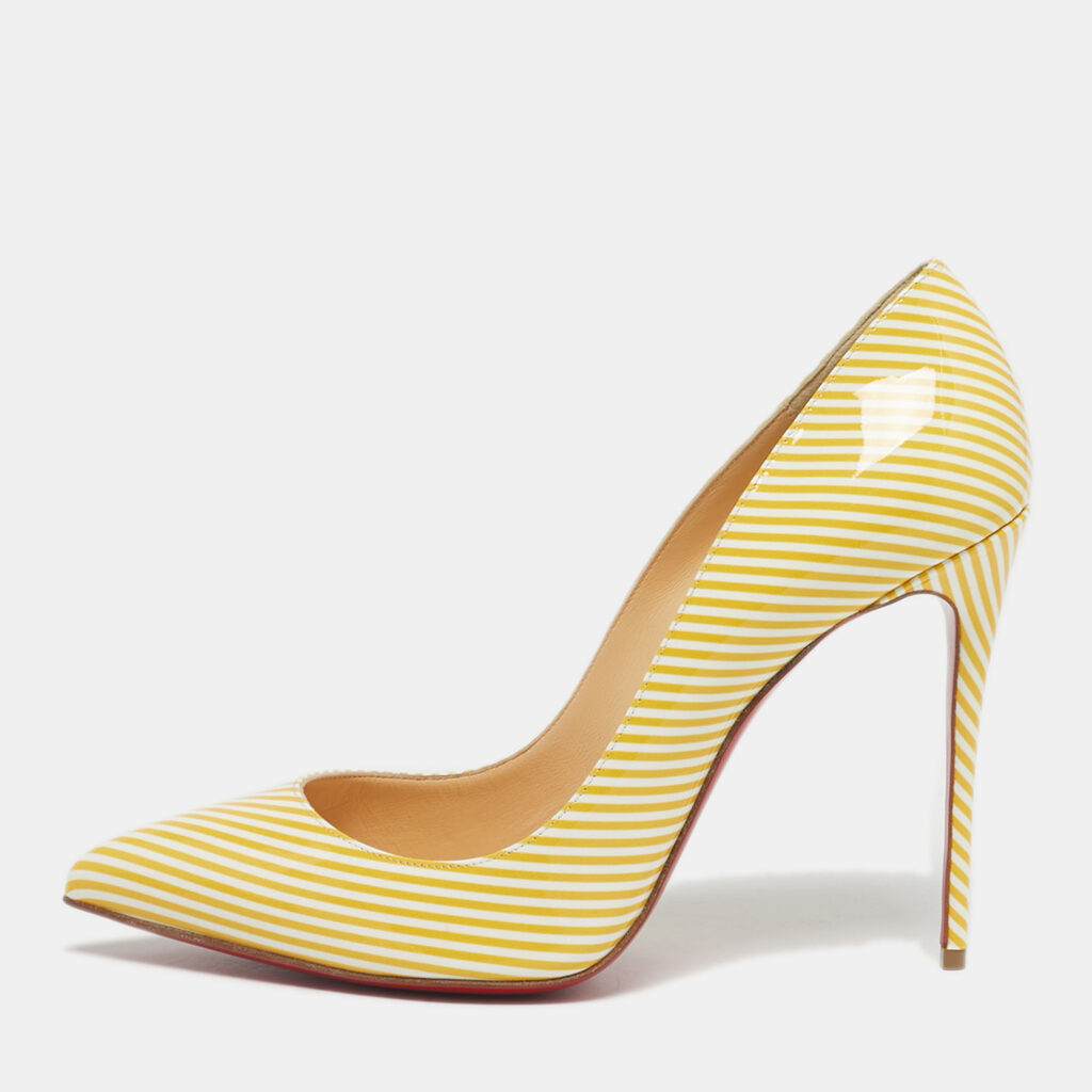 Christian Louboutin Yellow/White Stripes Patent Leather Pigalle Follies Pumps Size 40.5 Christian Louboutin Yellow/White Stripes Patent Leather Pigalle Follies Pumps Size 40.5