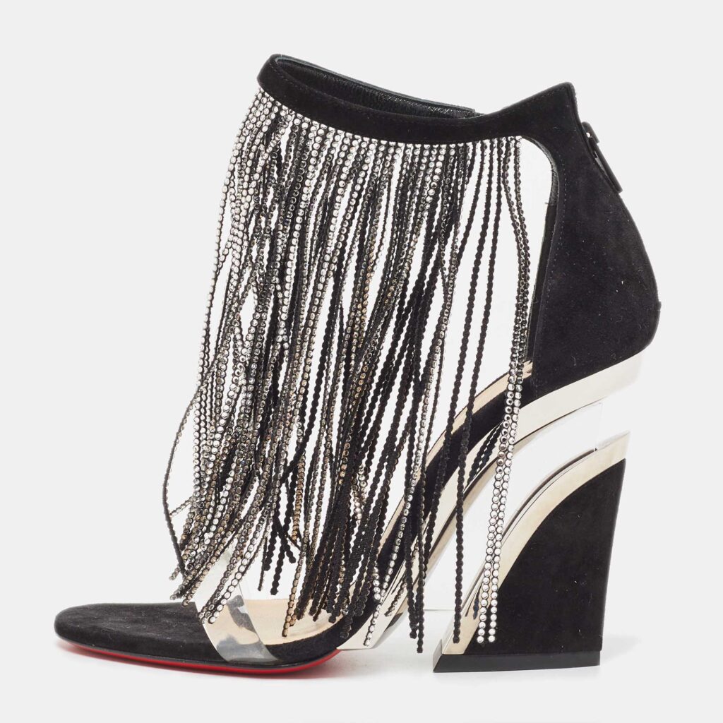 Christian Louboutin Black Suede Crystal Embellished Fringe Ankle Strap Sandals Size 36 Christian Louboutin Black Suede Crystal Embellished Fringe Ankle Strap Sandals Size 36