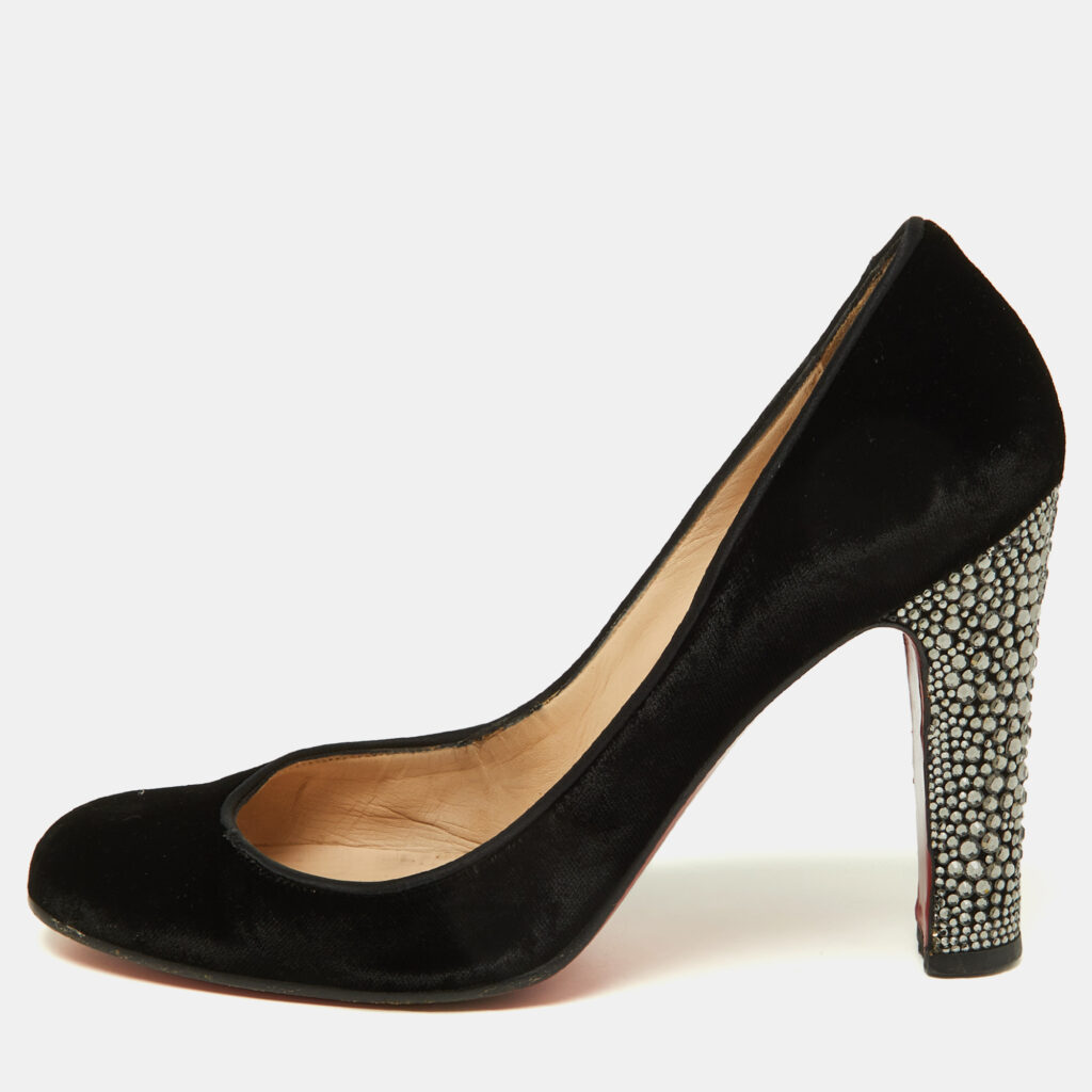 Christian Louboutin Black Velvet Crystal Embellished Heel Round Toe Pumps Size 38