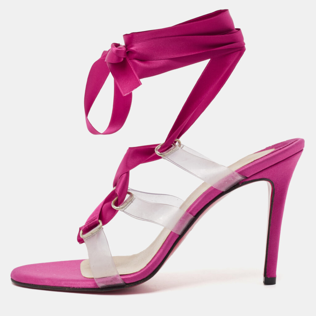 Christian Louboutin Pink/Transparent Satin and PVC Ankle Wrap Sandals Size 38.5