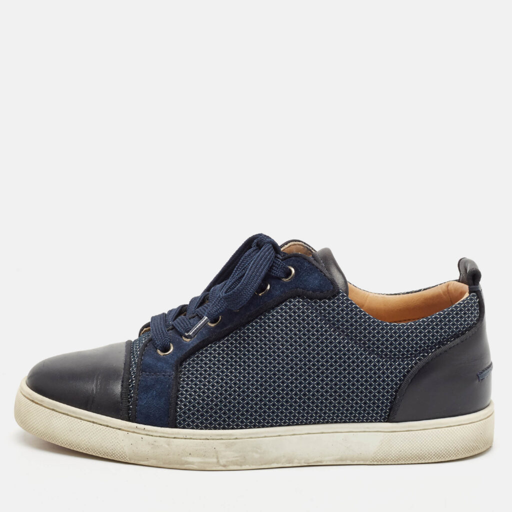 Christian Louboutin Navy Blue Suede and Fabric Louis Junior Spikes Low Top Sneakers Size 39.5