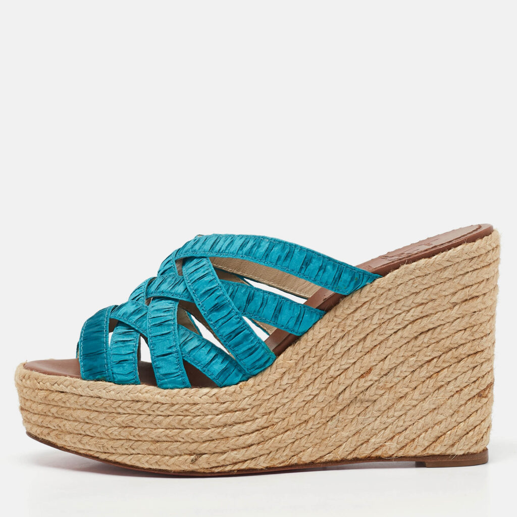 Christian Louboutin Blue Fabric Crepon Wedge Sandals Size 36
