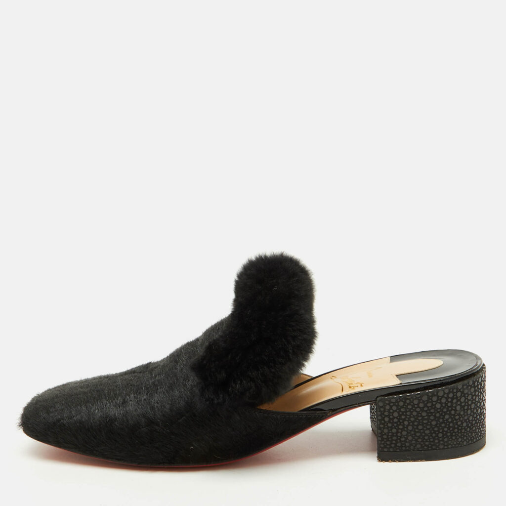Christian Louboutin Black Croc Print Calfhair and Fur Boudiva Mules Size 37.5