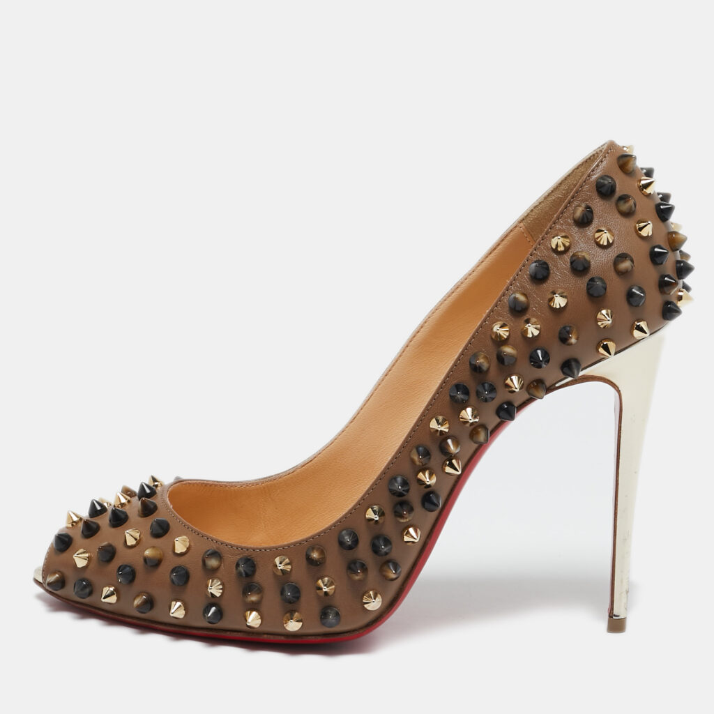 Christian Louboutin Brown Leather Follies Spikes Peep Toe Pumps Size 38.5 Christian Louboutin Brown Leather Follies Spikes Peep Toe Pumps Size 38.5