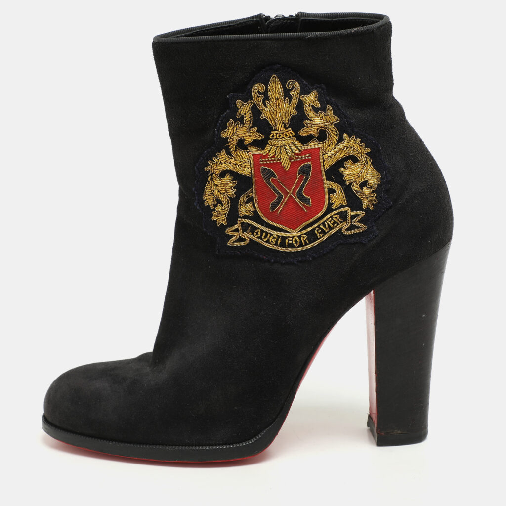 Christian Louboutin Black Suede Embroidered Patch Collegissima Mid Calf Boots Size 36 Christian Louboutin Black Suede Embroidered Patch Collegissima Mid Calf Boots Size 36