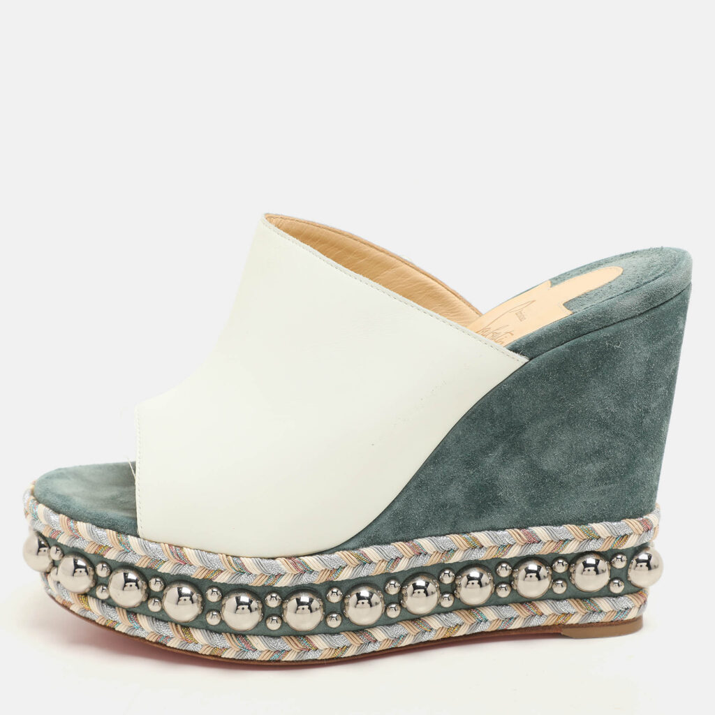Christian Louboutin White/Green Leather Janibasse Wedge Sandals Size 39 Christian Louboutin White/Green Leather Janibasse Wedge Sandals Size 39