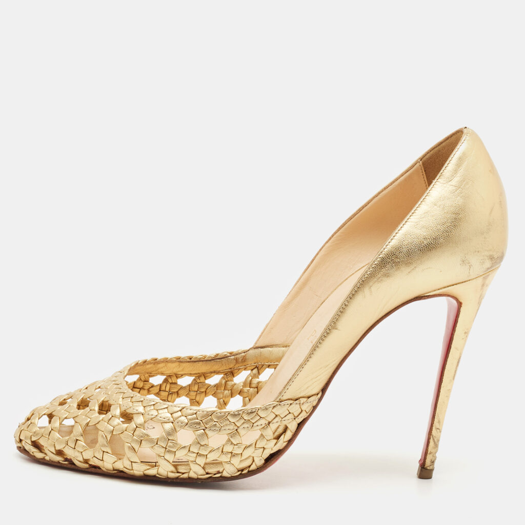 Christian Louboutin Gold Woven Leather Altressita Round Toe Pumps Size 37.5