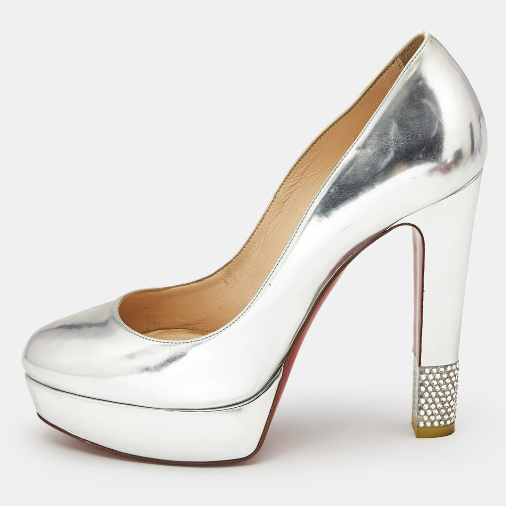 Christian Louboutin Silver Leather Crystal Embellished Platform Pumps Size 39
