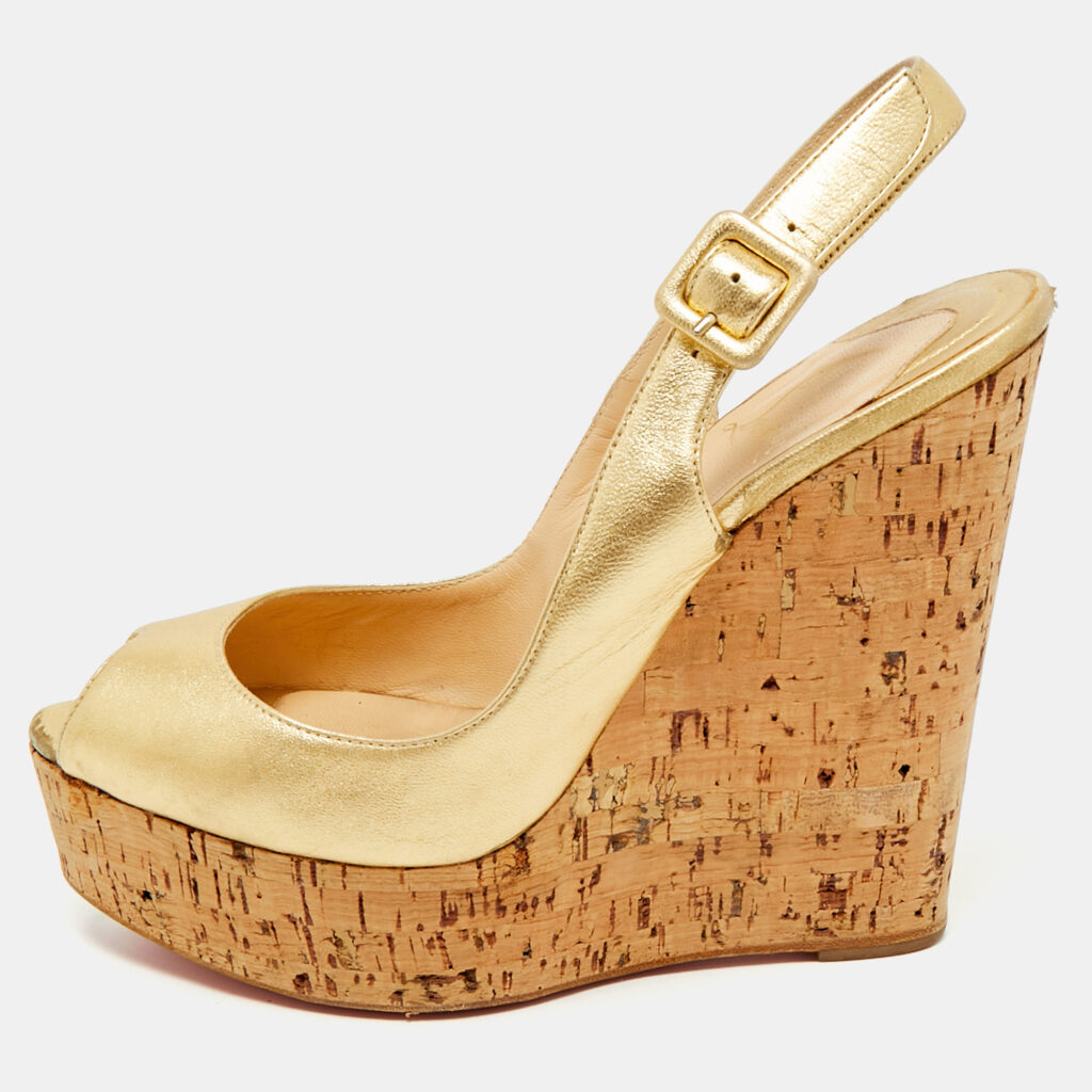 Christian Louboutin Gold Leather Cork Wedge Sandals Size 38