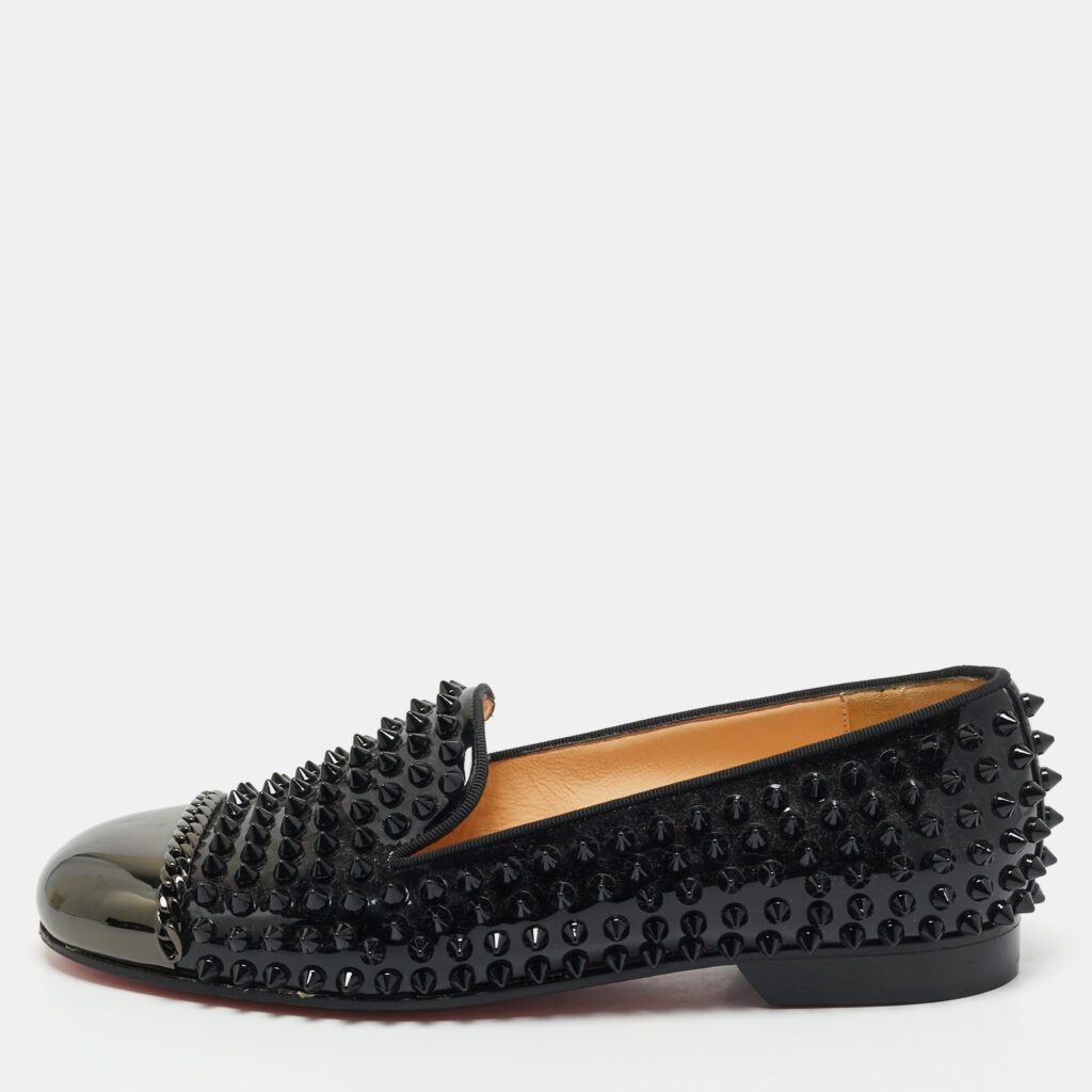 Christian Louboutin Black Patent Leather Glitz Spikes Smoking Slippers Size 38 Christian Louboutin Black Patent Leather Glitz Spikes Smoking Slippers Size 38