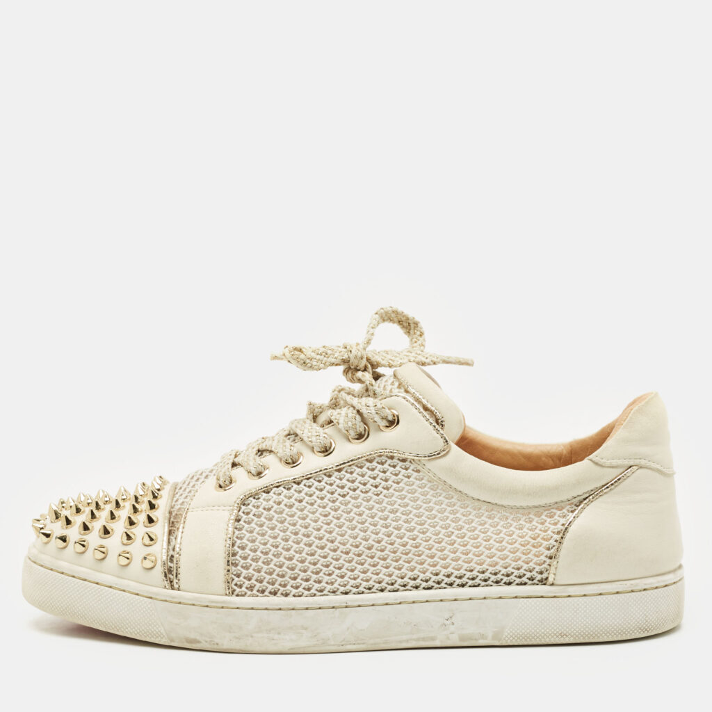 Christian Louboutin Cream Leather and Mesh Vieira Lace Up Sneakers Size 40 Christian Louboutin Cream Leather and Mesh Vieira Lace Up Sneakers Size 40