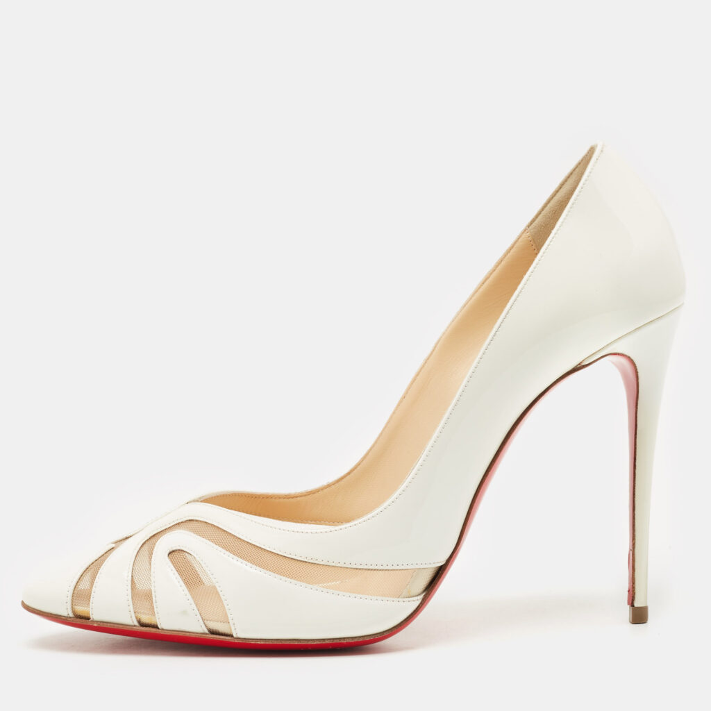 Christian Louboutin White Patent Leather and Mesh Olive 100 Pumps Size 40