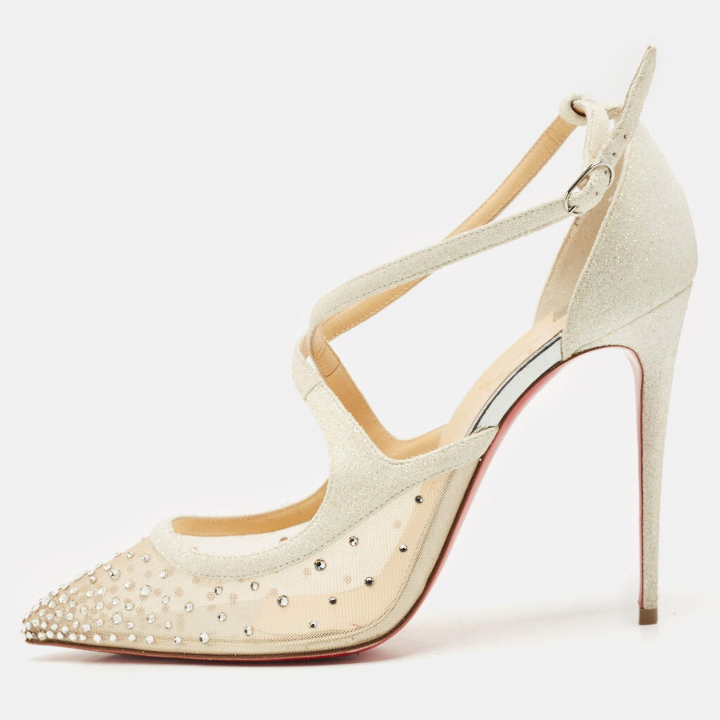 Christian Louboutin Silver Lurex Fabric and Mesh Twistissima Strass Sandals Size 40