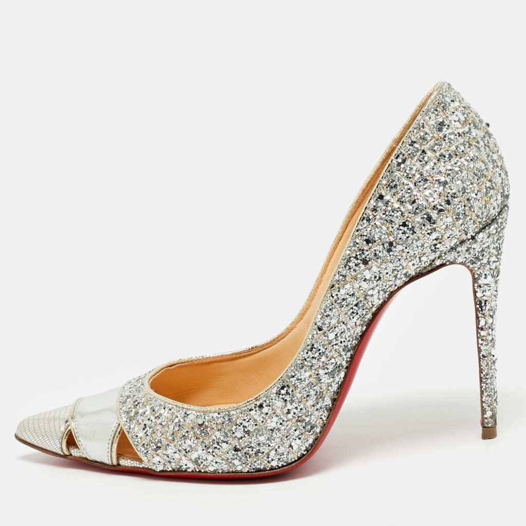 Christian Louboutin Silver Coarse Glitter and Patent Leather Pointed Toe Pumps Size 36.5