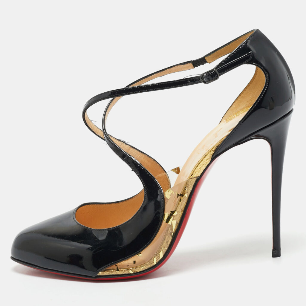 Christian Louboutin Black Patent Leather Crossettinetta Cross Strap Sandals Size 40.5