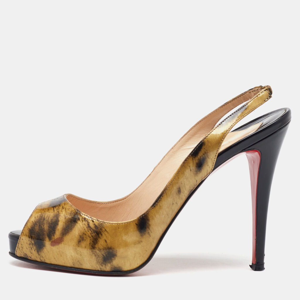 Christian Louboutin Black/Gold Printed Patent Leather No Prive Peep Toe Slingback Sandals Size 39 Christian Louboutin Black/Gold Printed Patent Leather No Prive Peep Toe Slingback Sandals Size 39