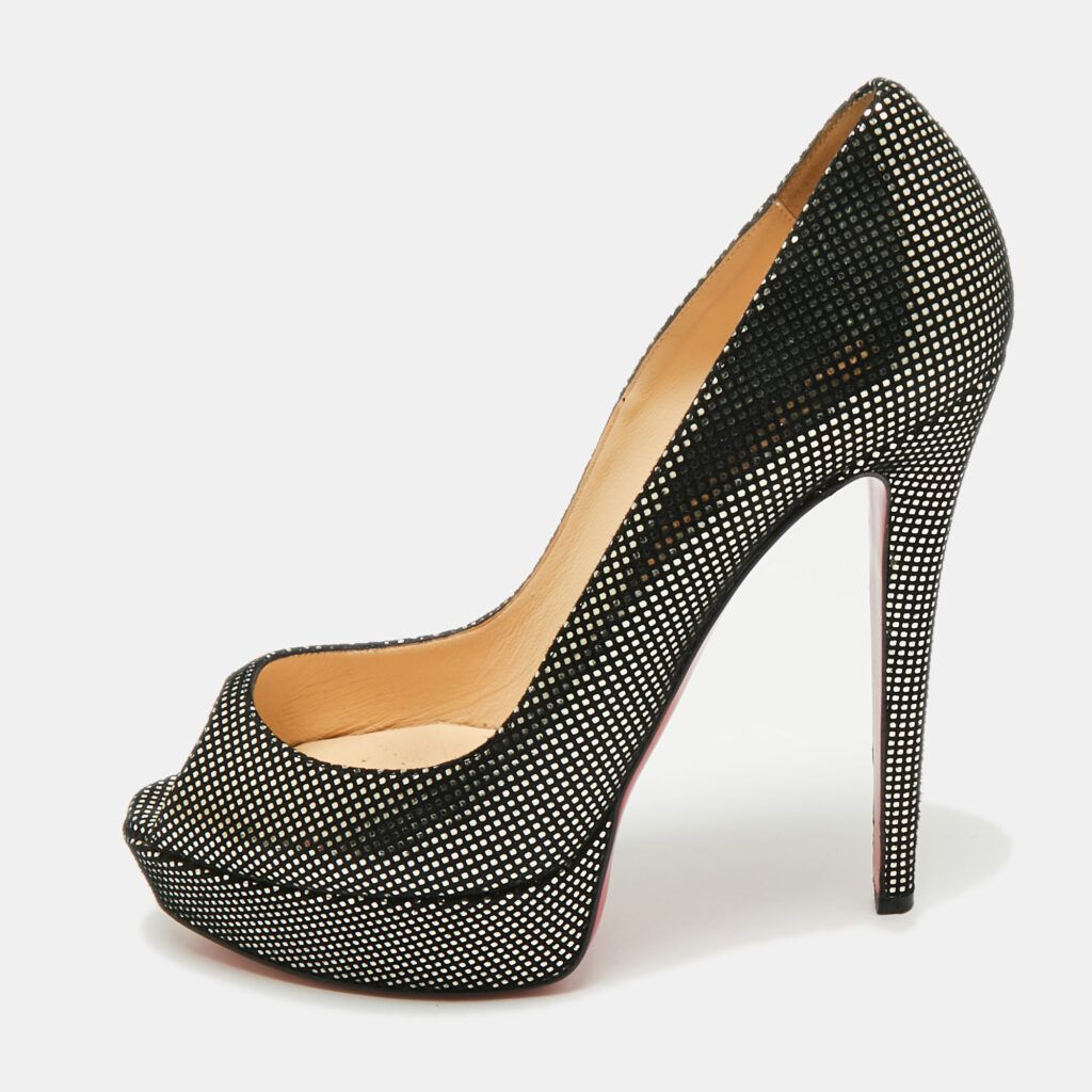 Christian Louboutin Black/Gold Laminated Suede Platform Lady Peep Toe Pumps Size 39