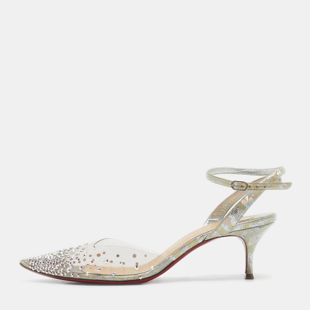 Christian Louboutin Silver Leather and PVC Spikaqueen Ankle Strap Sandals Size 36.5 Christian Louboutin Silver Leather and PVC Spikaqueen Ankle Strap Sandals Size 36.5