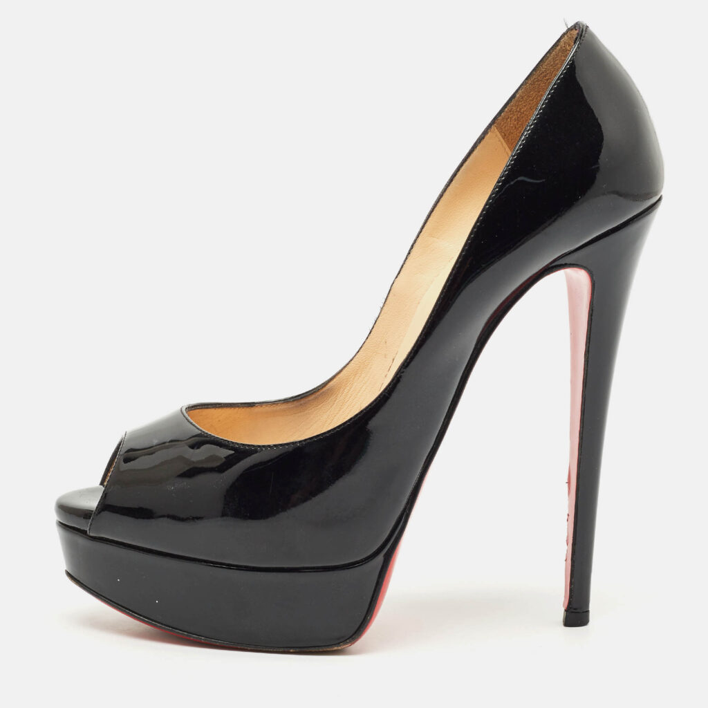 Christian Louboutin Black Patent Leather Lady Peep Toe Platform Pumps Size 38.5 Christian Louboutin Black Patent Leather Lady Peep Toe Platform Pumps Size 38.5