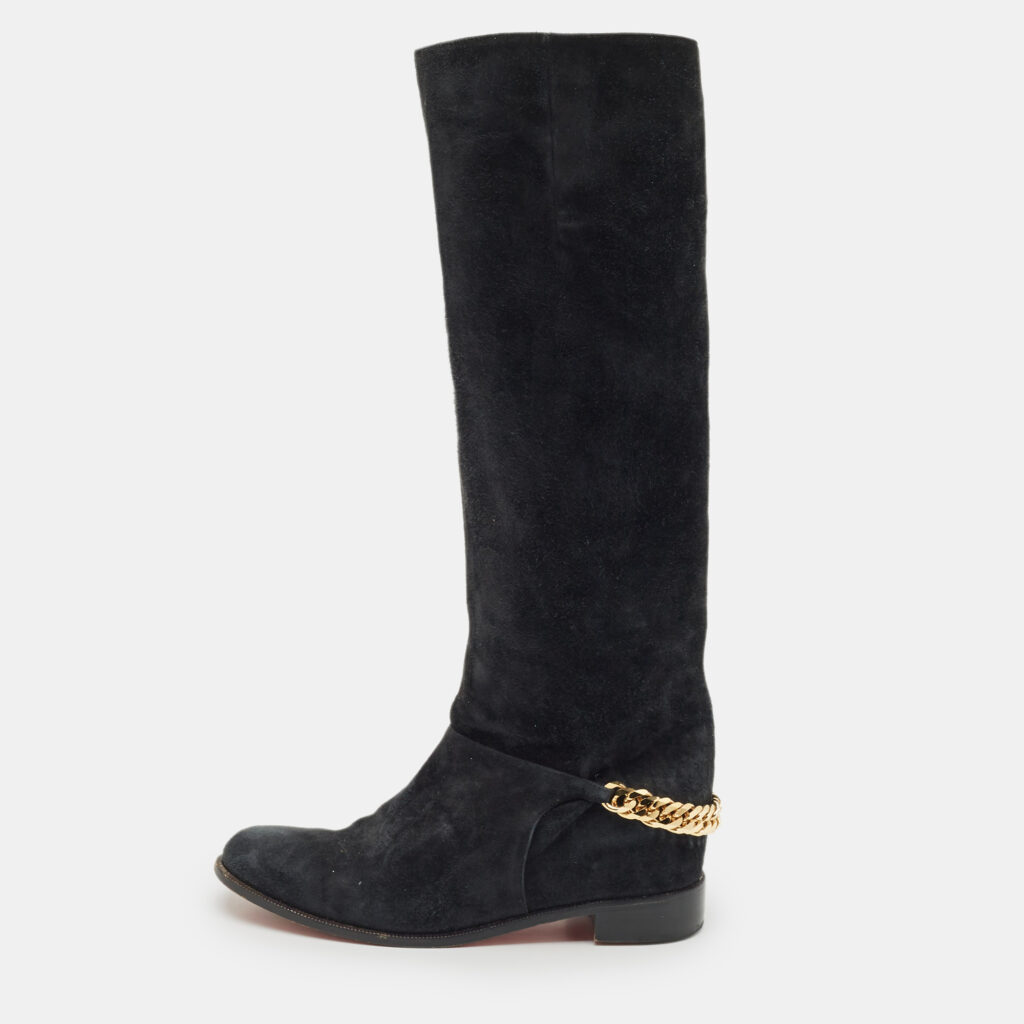 Christian Louboutin Navy Blue Suede Cate Chain-Trimmed Calf-Length Boots Size 37 Christian Louboutin Navy Blue Suede Cate Chain-Trimmed Calf-Length Boots Size 37