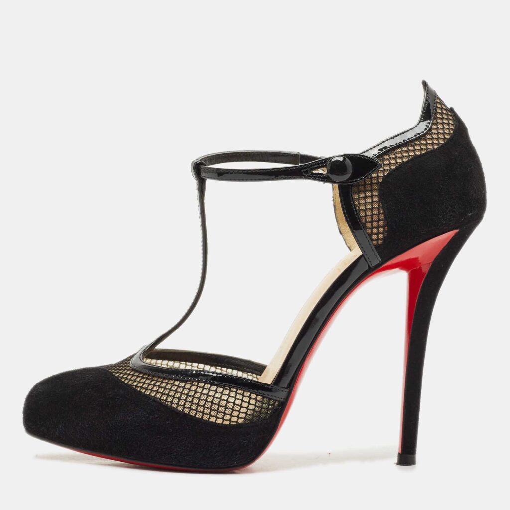 Christian Louboutin Black Suede and Mesh Mrs.Early T-Strap Sandals Size 39.5 Christian Louboutin Black Suede and Mesh Mrs.Early T-Strap Sandals Size 39.5