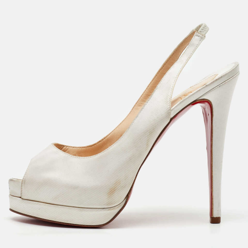 Christian Louboutin White Satin Lady Peep Toe Slingback Platform Pumps Size 38