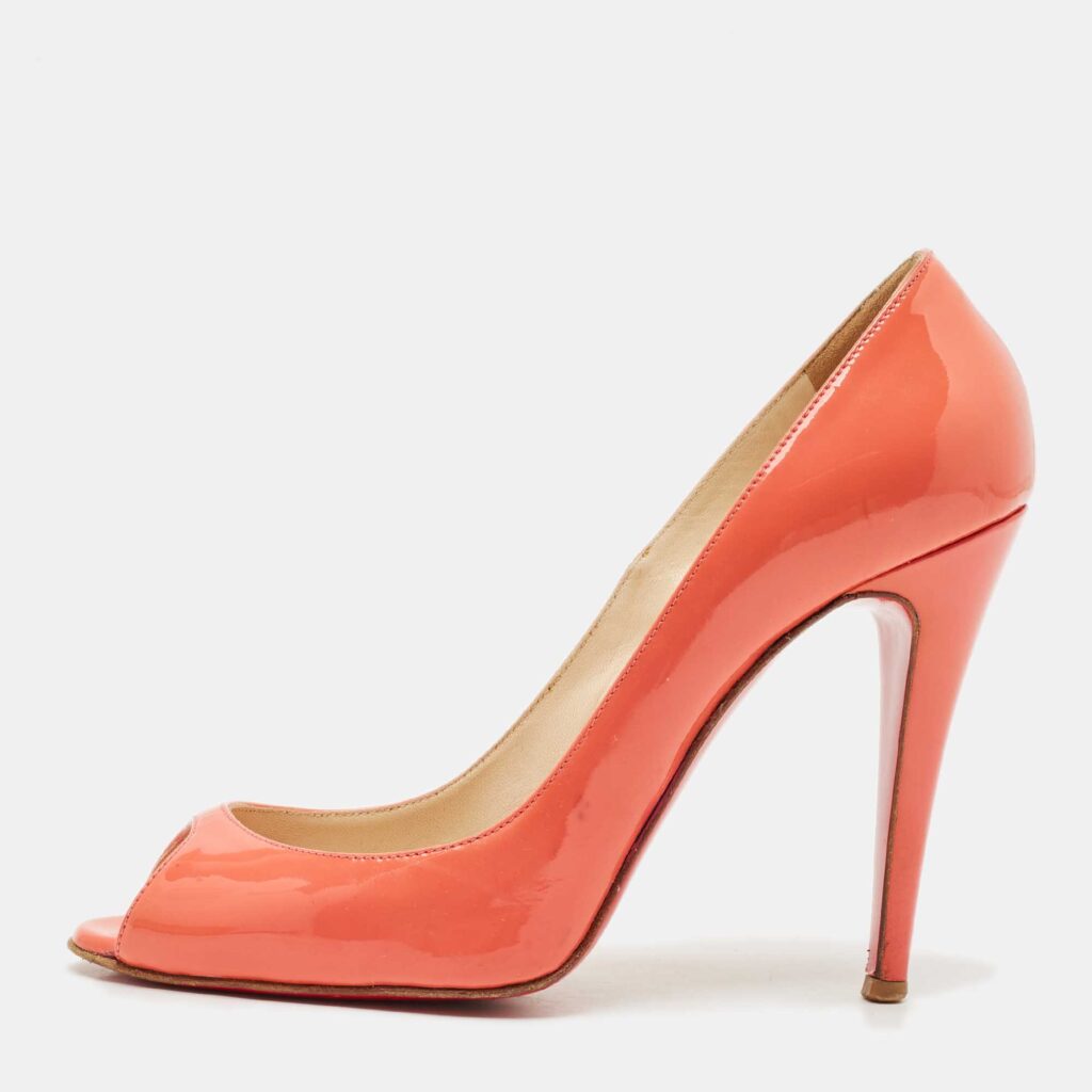 Christian Louboutin Coral Orange Patent Leather Flo Peep Toe Pumps Size 38