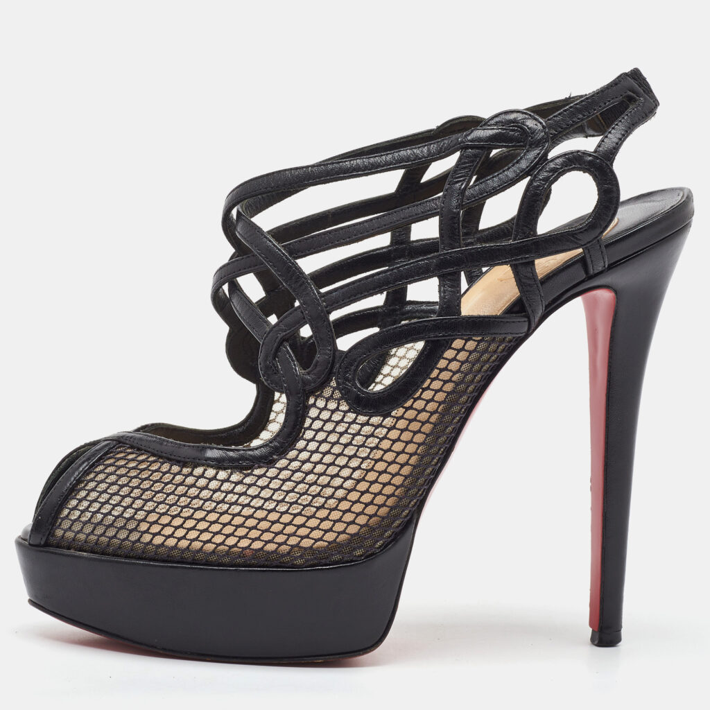 Christian Louboutin Black Leather and Mesh Strappy Platform Slingback Sandals Size 39