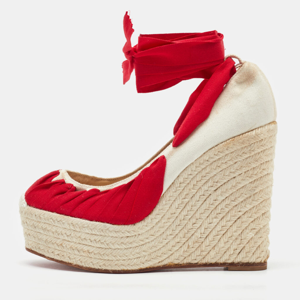 Christian Louboutin Off White/Red Canvas Ibiza Espadrille Platform Wedge Pumps Size 38