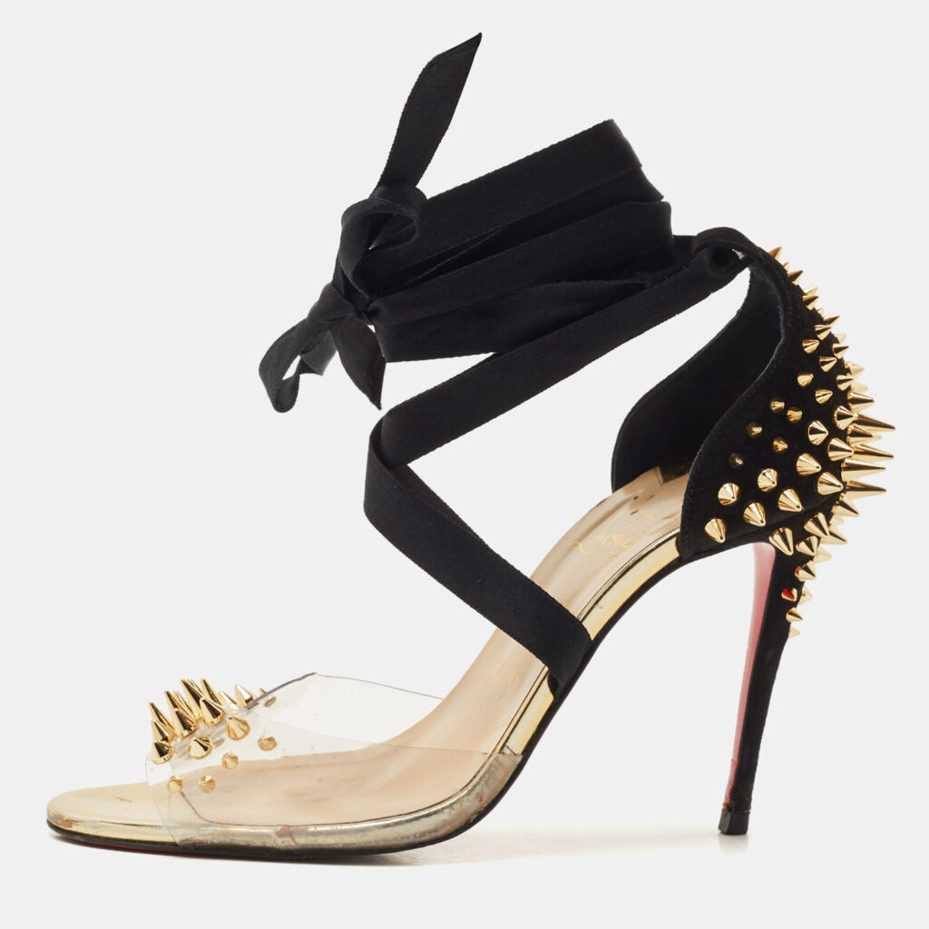 Christian Louboutin Black/Transparent Suede and PVC Barbarissima Spike Wrap Sandals Size 38.5 Christian Louboutin Black/Transparent Suede and PVC Barbarissima Spike Wrap Sandals Size 38.5